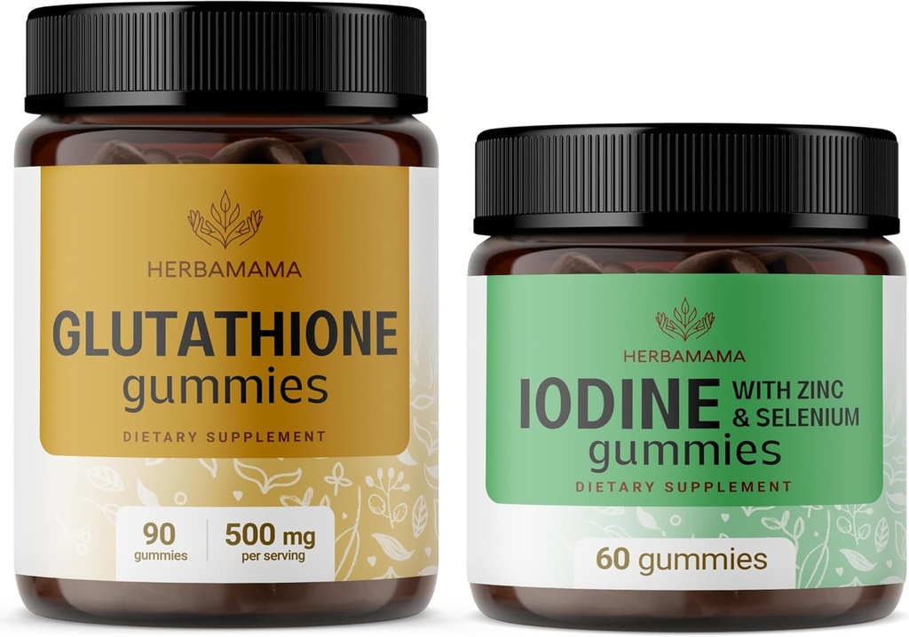 HerBAMAMA Glutathione & Iodine Kit - Bundle של 500 מ"ג מופחת L-Glutathione & Potassium Iodine Gummies - טבעוני, non-GMO, Gelatin-Free - 2 Pack