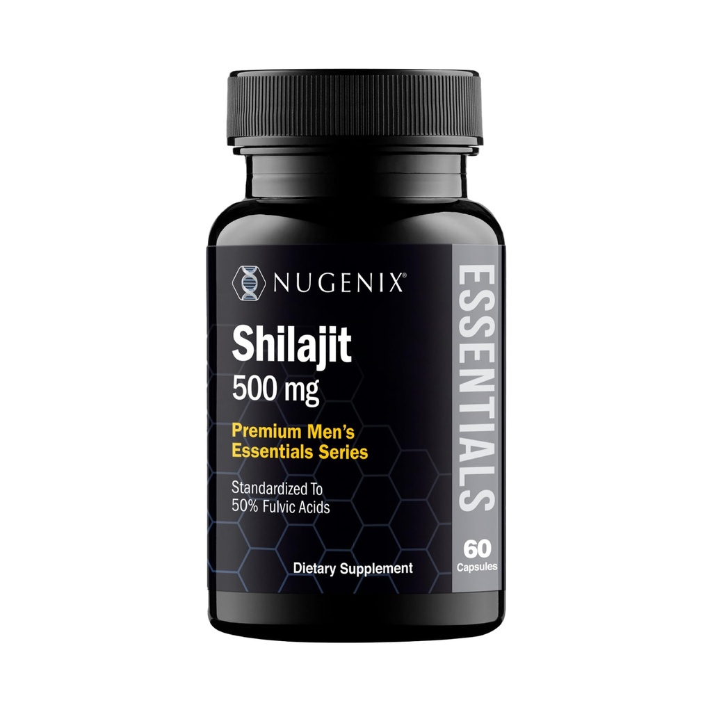 Nugenix Essentials Shilajit קפסולות תוספת לגברים ונשים - 500 מ"ג, סטנדרטי עד 50% Fulvic Acids, ההימלאיה, 60 קפסולות