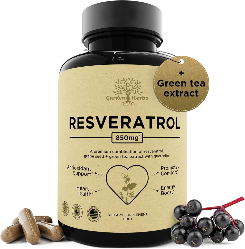 תוספת של Resveratrol עם Quercetin & Grape Seed - 850 מ"ג צמחי בלנדר, High Potency Polyphenols & Antioxidants for General Wellness, 60 קפסולות טבעוניות