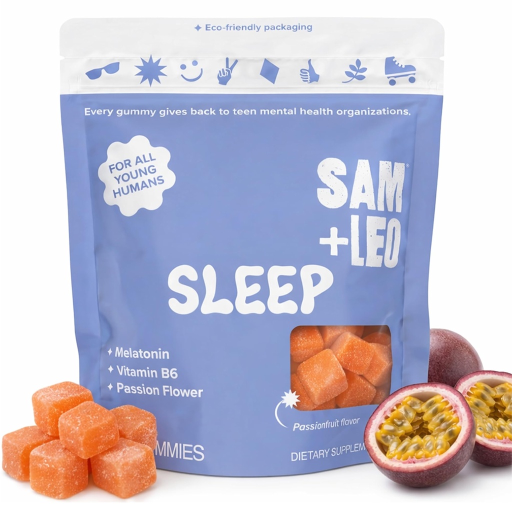 SAM+LEO Sleep Gummies for Kids & Teens with Melatonin, Passion Flower & Vitamin B6 - Gentle Sleep Aid Gummies for Restful Sleep | Natural, Drug Free, Vegan & Gluten Free, Passion Fruit Flavor (60 ct)