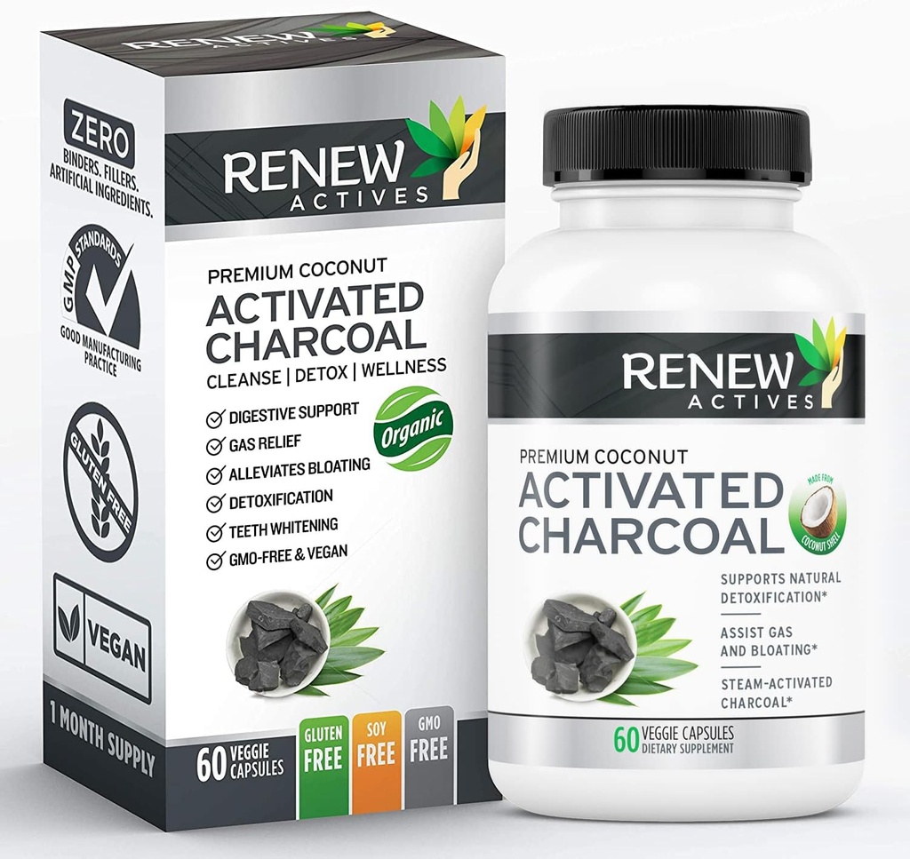 Renew Actives מופעל תוספת Charcoal 1100MG לכל 2 קפסולות - תמיכה תזונתית ושיניים Whitening Formula, No Artificial Ingredients - Made in Canada - 60 קפסולות
