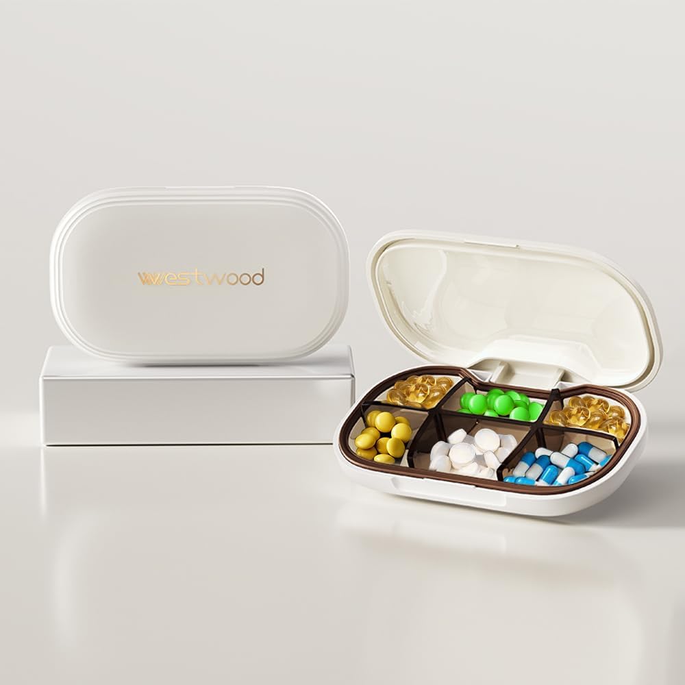 מקרה גלולה קטנה עם 6 השוואתיות, Delicate Daily Pill Box for Purse, PillPSKer Pill Container Pill Holder עבור ויטמינים, שמן דגים, תוספים ותרופות (לבן)
