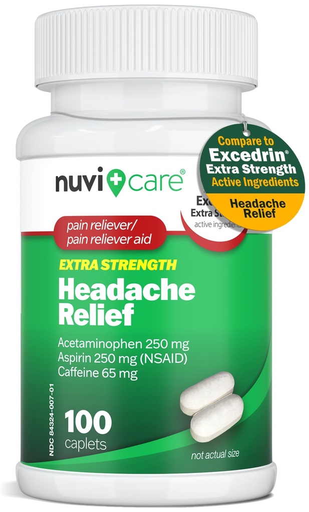 סיוע כאבי ראש עם Acetaminophen 250 מ"ג, Aspirin (NSAID) 250 מ"ג, Caffeine 65 מ"ג - הקלה זמנית של Aches & Pains - בהשוואה לכאב תוספת יתר כאב Reliever (100 גלגלים)