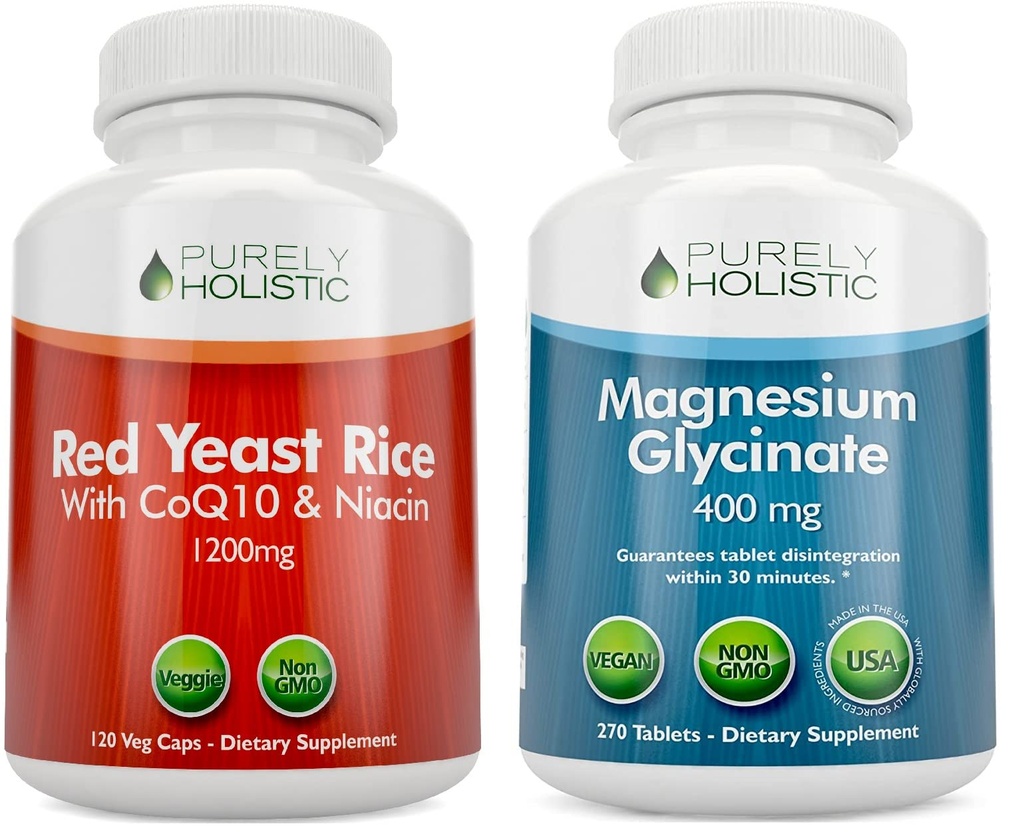 Purely Holistic Red Yeast Rice 1200mg עם CoQ10 & Niacin + Magnesium Glycinate 400 מ"ג - 120 קפסולות + 270 טבליות - מיוצר בארה"ב