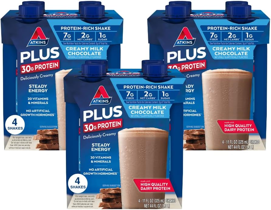 Atkins Creamy Milk Chocolate PLUS Shake, 30g חלבון, 7g סיבים, 2g Net Carb, 1g סוכר, Keto Friendly, Low Carb, High חלבון שתייה, 12 Count