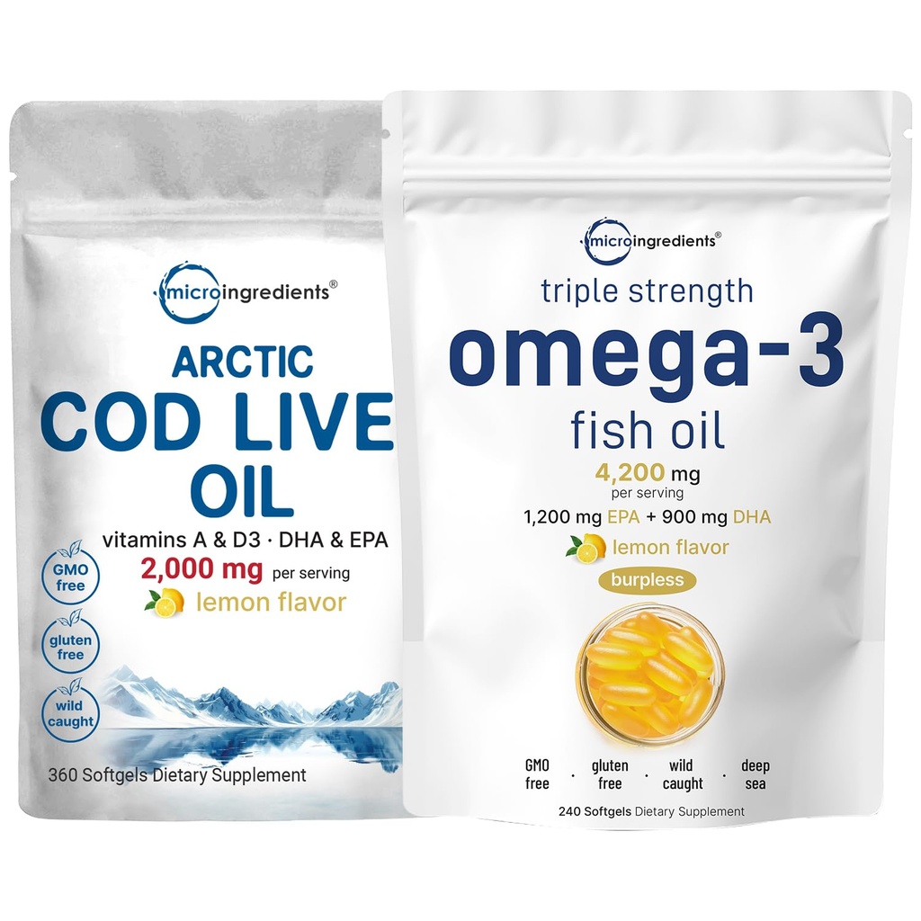 אומגה 3 שמן דגים תוספי שמן 4200 מ"ג Per Serve & Cod Liver שמן 2,000 מ"ג פרי המשרת, 360 Softgels | Lemon Flavored - Burpless - Wild Catch - Arctic Sea Fish