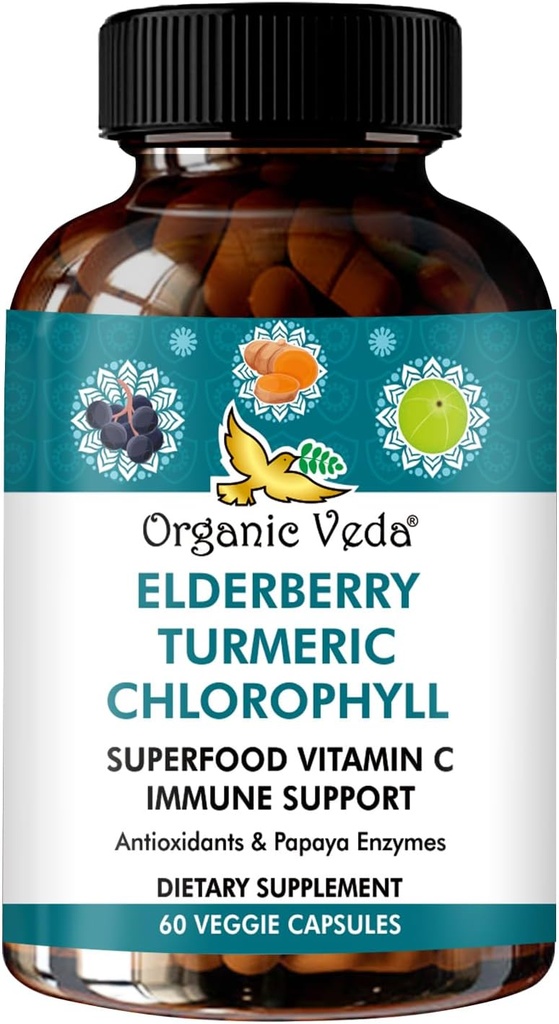 אורגני Veda Elderberry Turmeric Chlorophyll Immune תמיכה תוסף - Superfoods Antioxidants, ויטמין C, Grape Seed Extractd Extract, Acerola, Moringa & Papaya Enzymes - 60 קפסולות טבעוניות
