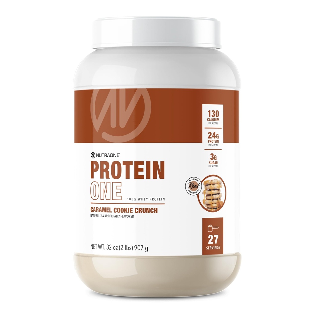 Nutra One חלבון Whey חלבון מקדם התאוששות ולבנות שריר עם אבקת שקד חלבון לגברים ונשים (Caramel Cookie Crunch, 2 LB)