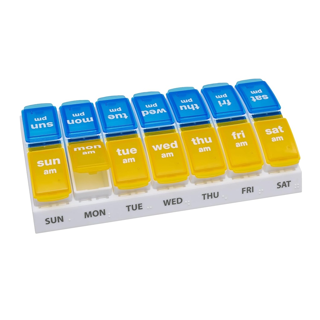 EZY DOSE Weekly AM /PM Pill מארגנת, 7 ימים ויטמין ותרופה Box with Large Pop-Out השוואתיות, 2 פעמים ביום גלולות הולדר עבור Easy Dosing, צהוב וכחול Lids, נסיעות ידידותי עיצוב