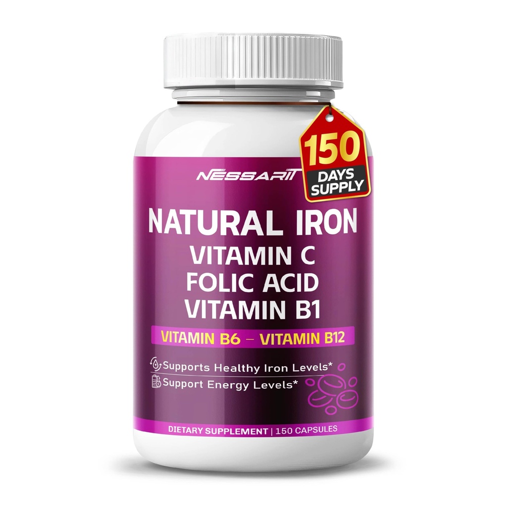 צריכת ברזל אורגנית עם ויטמין C, Folic Acid - High-Absorption Formula ויטמין B1, ויטמין B6, ויטמין B12 - תמיכה בבנין הדם - 150 Count - Made & Tested בארה"ב