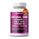 צריכת ברזל אורגנית עם ויטמין C, Folic Acid - High-Absorption Formula ויטמין B1, ויטמין B6, ויטמין B12 - תמיכה בבנין הדם - 150 Count - Made & Tested בארה"ב