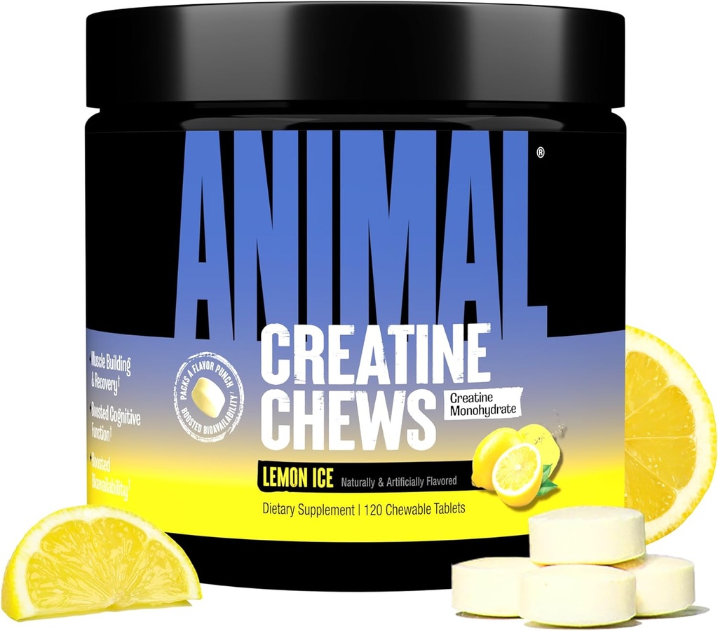 Animal Creatine Chews Tablet - Enhanced Creatine Monohydrate עם AstraGin כדי לשפר את Absorption, מלח ים עבור משאבות נוספות, טבליות טעימים ונוחים - לימון קרח קרח