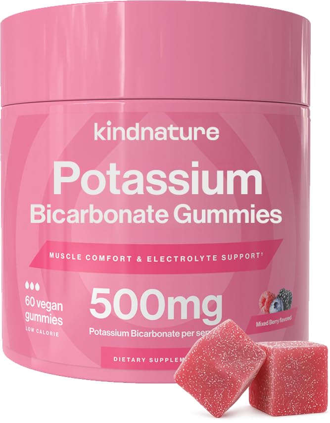 KINDNATURE High Potassium מסטיקנים 500 מ"ג - Chewable for Adults & Kids - Pure Potassium Bicarbonate מינרלים תוספת - טבעוני, Gluten Free, Non GMO - 60 מסטיקנים (30 יום אספקה)
