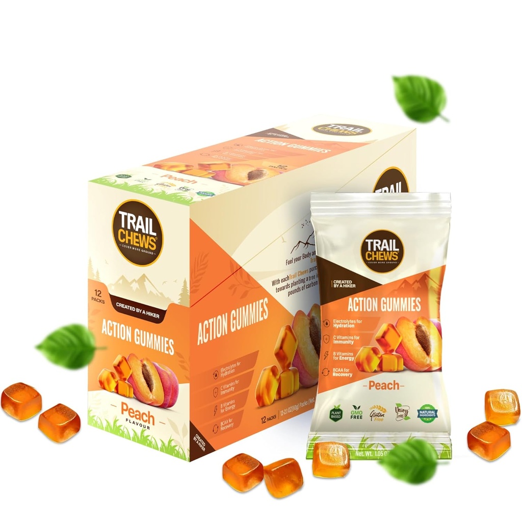 Peach Flavor - 4in-1 אנרגיה חניכיים לאנרגיה, hydrtion, Immunity, Recovery. שיפור וביצועים מבוסס צמחים וגלוטן חינם 12 באגים, 10 חניכיים כל אחד.
