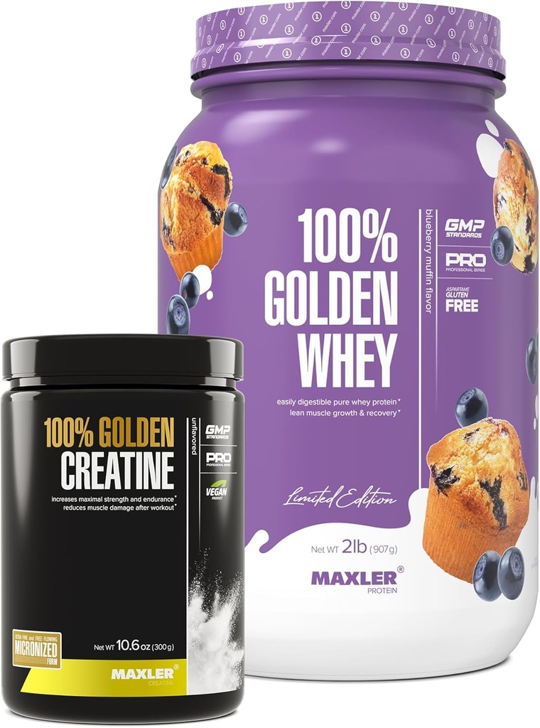 מקסלר 100% זהב Whey (Blueberry Muffin 2 lb) ו 100% זהב קריטין (Unflavored 10.6 oz)