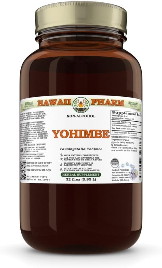 Yohimbe (Pausinystalia Yohimbe) יבש Bark Glycerite, מיוצר בהוואי, כל טבעי, טבעוני, מעבדה Tested Alcohol-Free Extract - 32 fl.oz