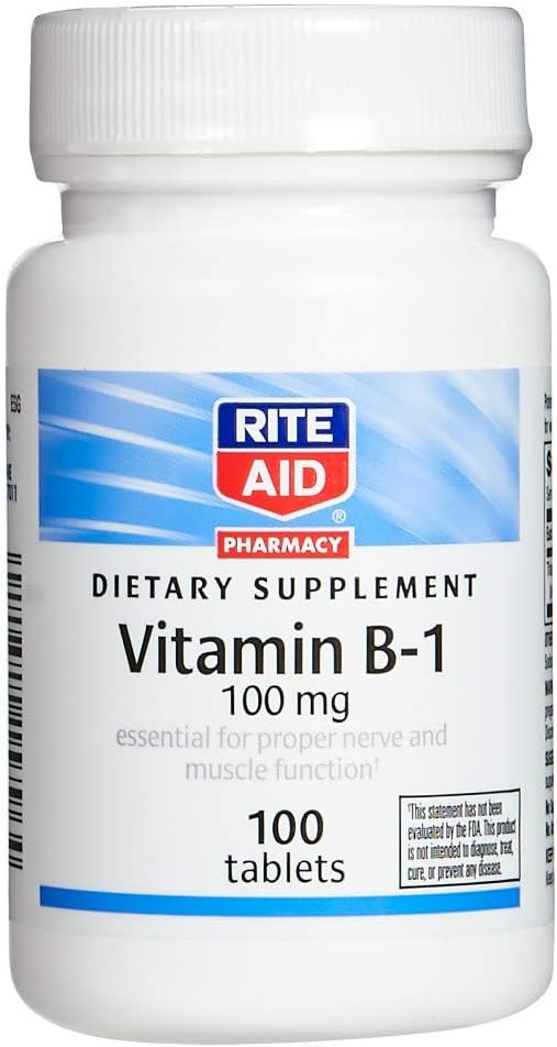 Rite Aid ויטמין B-1 (Thiamine), 100 מ"ג - 100 טבליות | חיוני עבור תפקוד עצבי תקין ושרירים פונקציונליים | Nerve & שריר תמיכה ויטמין B1 | ויטמין B1 | Thiamine B1 | Thiamine B1