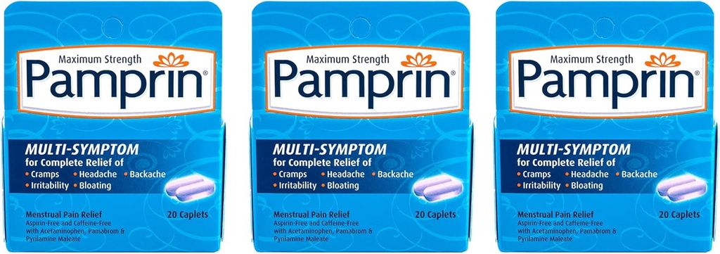 Pamprin Multi-Symptom פורמולה, עם Acetaminophen, סימפטומים תקופתיים Manstrual להקלה, 20 Caplets (Pack of 3)