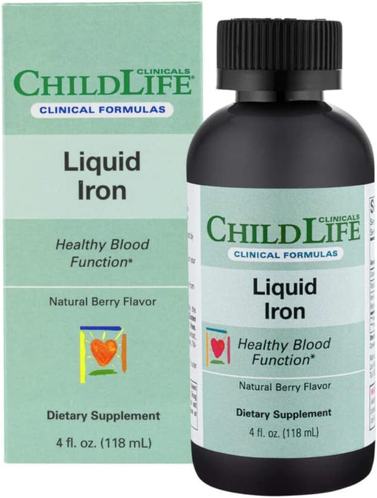 ChildLife Essentials נוזל ברזל - תוספי ברזל לילדים, תומך בתפקוד דם בריא, All-Natural, Gluten-Free, Iron טיפות עבור תינוקות - טבעי ברי פלפור, 4 Fl Oz בקבוק