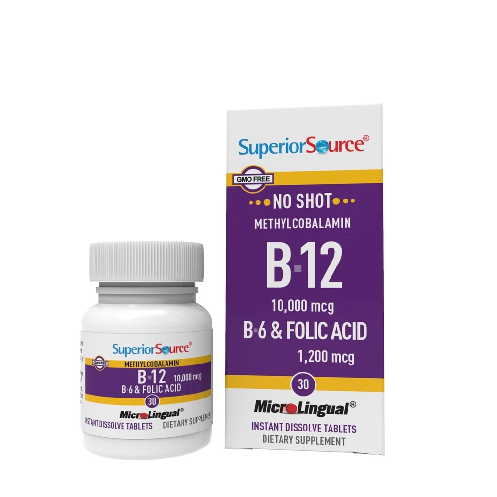 מקור גבוה No Shot ויטמין B-12 Methyylobalamin 10000 mcg, B-6 & Folic Acid 1200 mcg - תמיכה המוח ובריאות הלב - מסייע רמות אנרגיה טבעית - 30 טבליות של נכות משנה