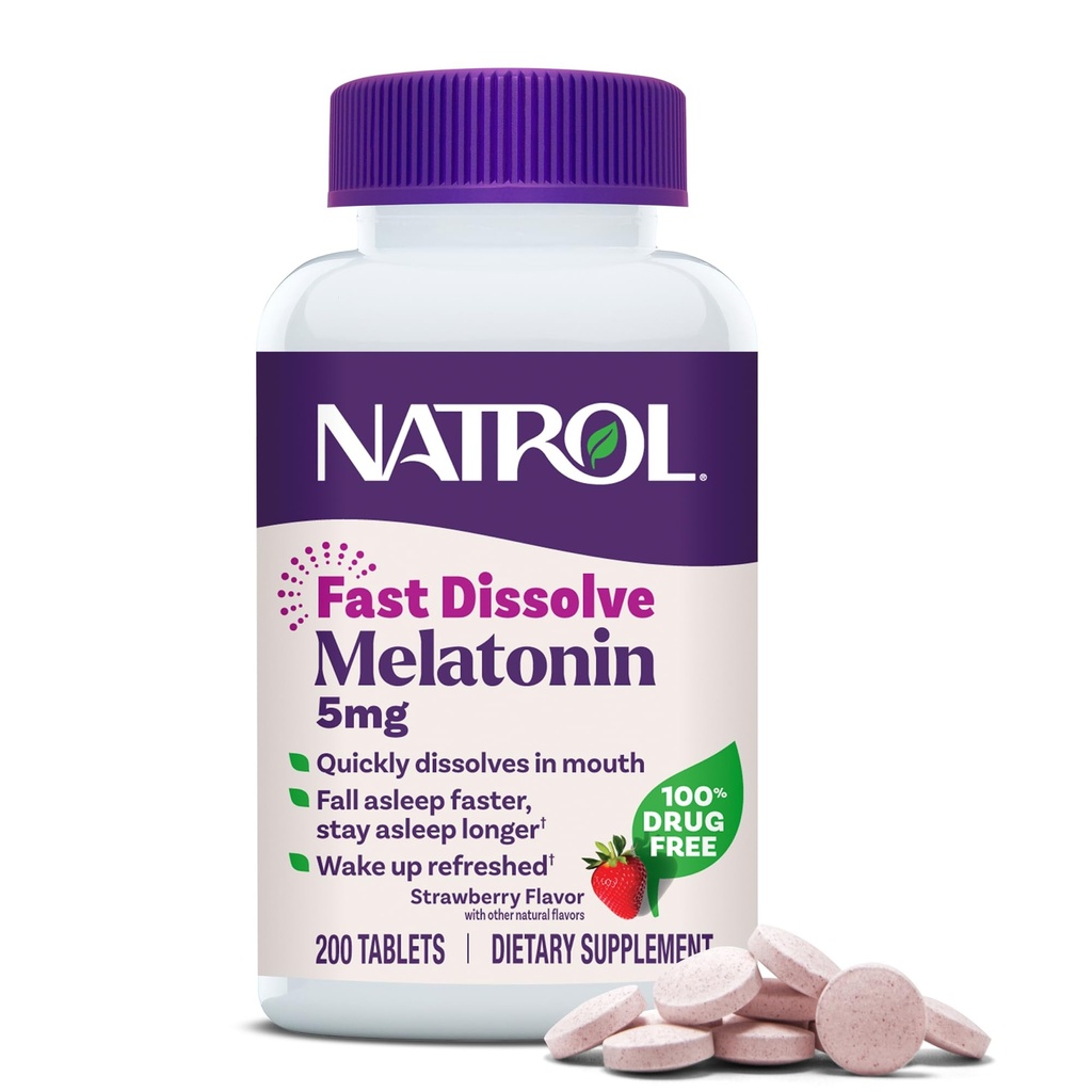 Natrol Melatonin 5 מ"ג טבליות משמעת מהירה, תוספי תמיכה בשינה למבוגרים, Strawberry Flavor, 200 טבליות, עד 200 יום אספקה
