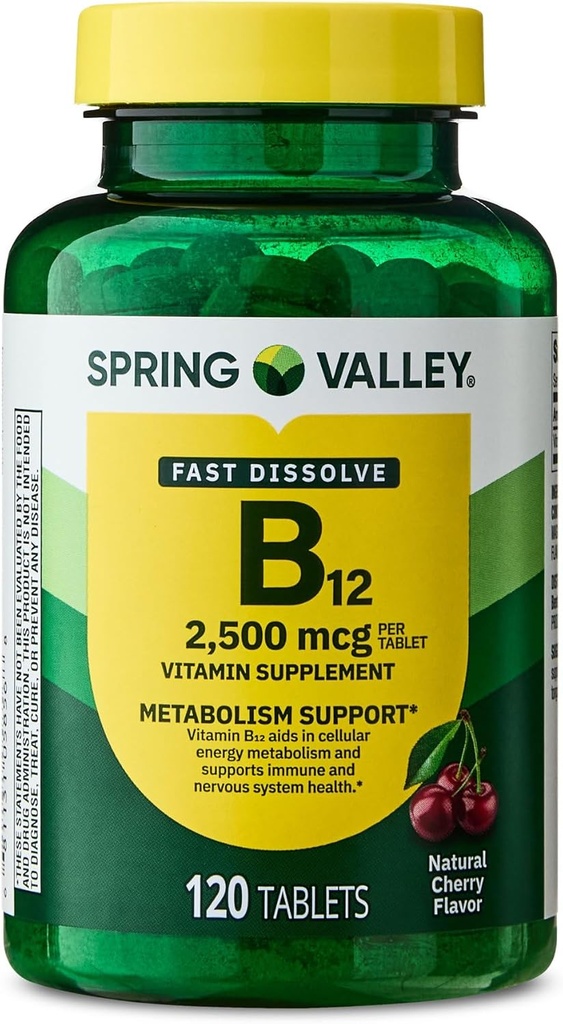 ויטמין B12 Quick-Dissolve Tablets Dietary Supplement, 2,500 מקג, צ'רי, 120 הרוזן ו- Portable Pill Container (2 פריטים)