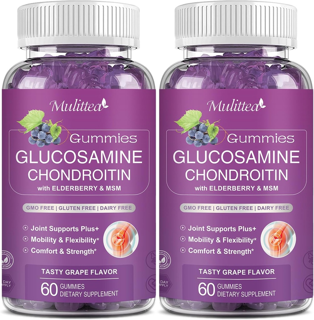 Moittea Glucosamine Chondroitin חניכיים - תוספת תמיכה משותפת תוספת כוח תוספת תוספת תוספת תוספת תוספת תמיכה משותפת עם MSM & Elderberry עבור תמיכה טבעית משותפת, אנטיoxidant Immune תמיכה למבוגרים, גברים ונשים-Sugar חינם (2 Pack)