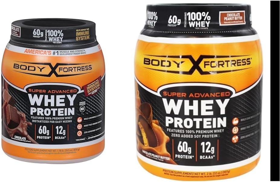 גוף מבצר 100% Whey, אבקת חלבון פרימיום, שוקולד, 1.78lbs (Packaging May Vary) ו 100% Whey, אבקת חלבון פרימיום, חמאת בוטנים שוקולד, 1.78lbs (Packaging May Vary)