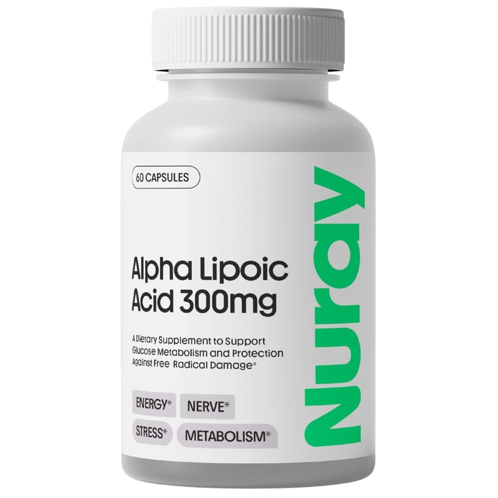 Nuray Alpha Lipoic Acid 300 מ"ג - תוספת אנטי-חמצן עבור הזדקנות בריאה, תומך ייצור אנרגיה, תפקוד עצבי תקין, מטאבוליזם - 60 קפסולות צמחוניות, תוספי תזונה ללא גלוטן