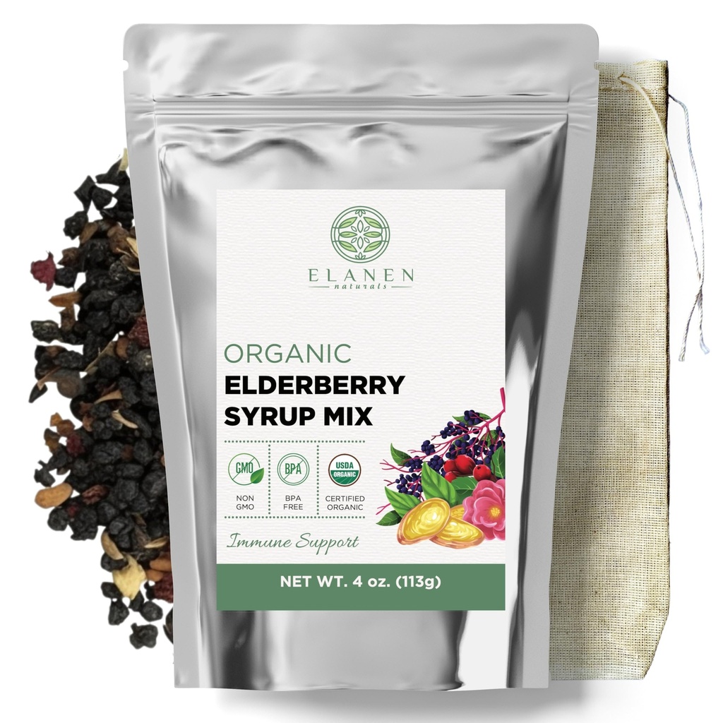 Elanen Naturals Organic Elderberry Syrup Kit, עולה עד 24 oz, כולל Natural Cotton Brew Bag, USDA מוסמך אורגני Dried Elderberries ו Immune Support Herbs, Bulk Kit, 4 oz.