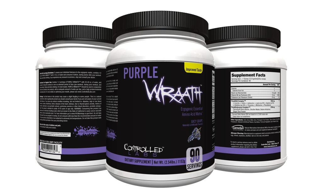 CONTROLLED LABS Purple Wraath, BCAA and EAA Amino Acid Supplement, with Endurance Blend Intra Workout Powder, Optimal Endurance, Focus, and Stamina (Grape, 90 Servings)