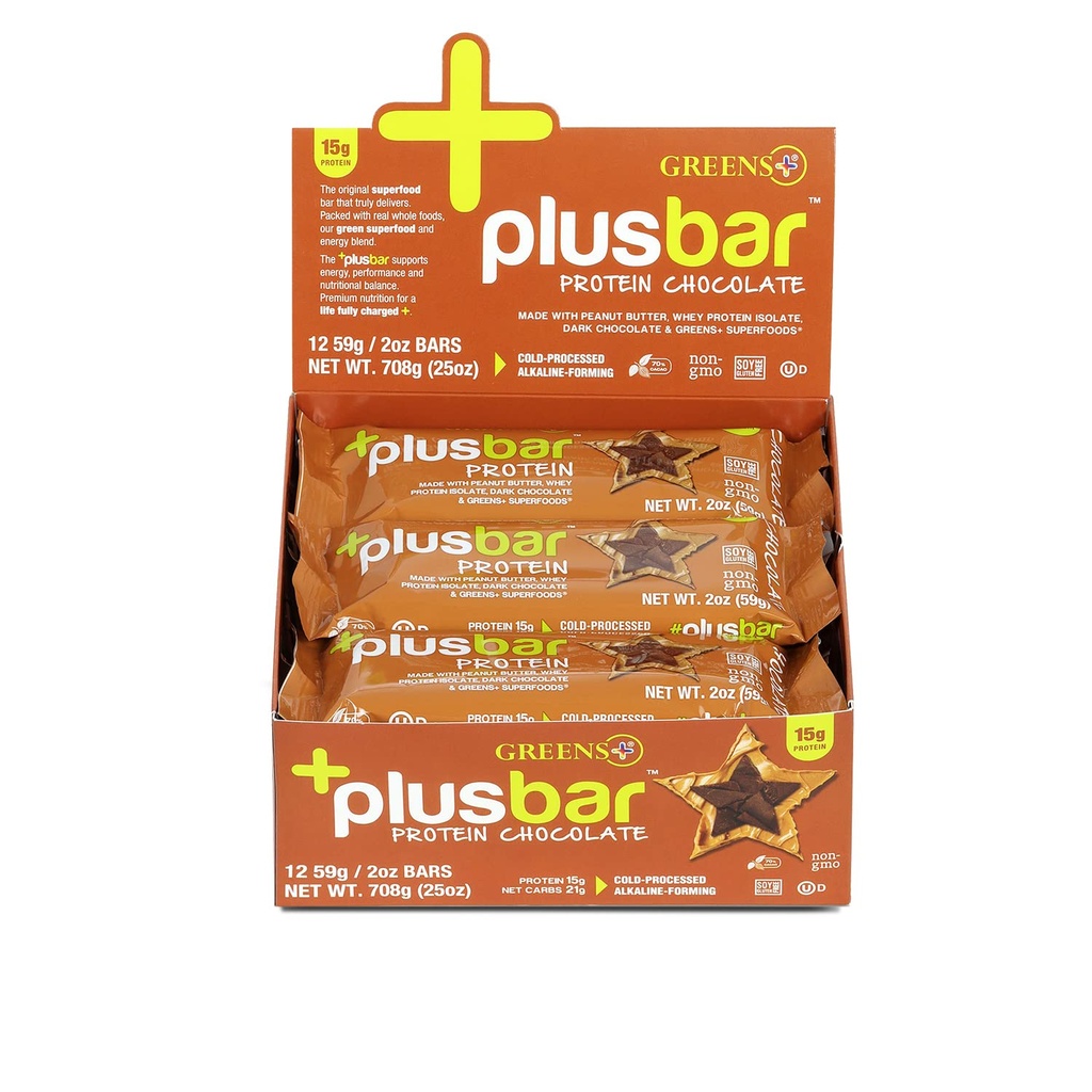 Greens + Plusbar חלבון, שוקולד כהה, 15g חלבון Whey חלבון Isolate, חטיף ללא גלוטן עם אורגני Super Greens & Superfoods, טבעוני, ללא חלב, non-GMO, החלפת Meal, 12 Pack