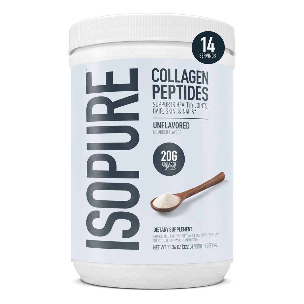 Isopure Collagen Peptides אבקת, מקדם שיער, ריח, עור ובריאות משותפת, עם ויטמין C ו- Biotin, Unflavored, 20g Collagen Peptides Per המשרת, 11.36 Oz, 14 משרתות (Packaging May Vary)