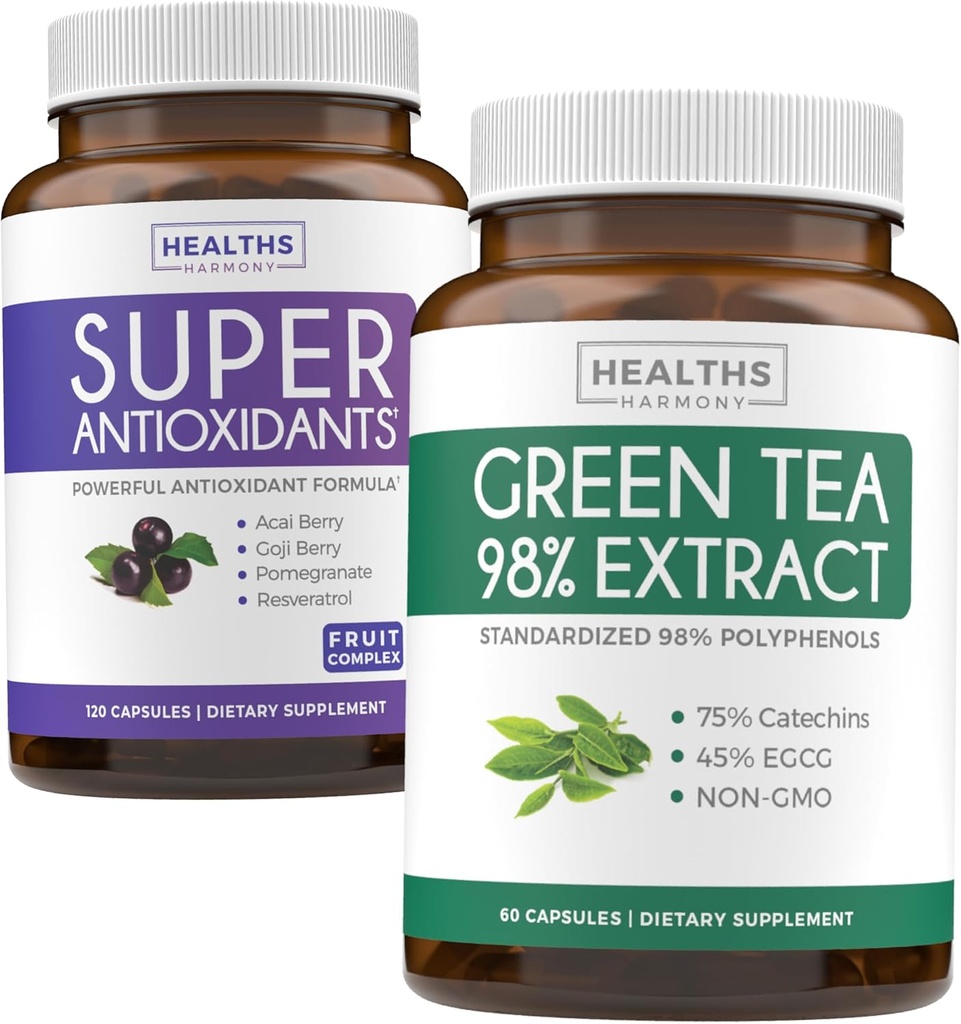 Antioxidants & Green Tea Extraction (1-Month Supply) Antioxidant Green Fusion - Super Antioxidants - Powerful Super Food Daily Band (120 Caps) & Green Tea Extract with EGCG Polyphenol Catechins (60 Caps)
