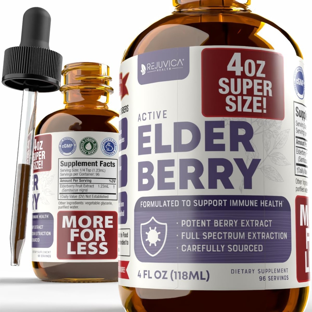 Rejuvica בריאות Active Elderberry 4oz XL Super Size - Advanced Elderberry Liquid Extracts - Immune Support Drops - טבעוני סוכר ללא GMO Tincture