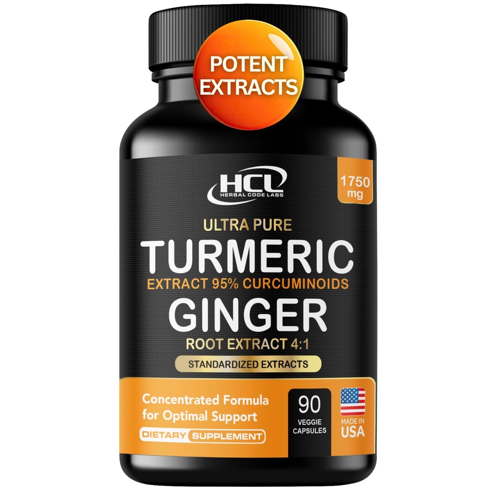 כורכום Turmeric Curcumin עם ג'ינג'ר - 1750 מ"ג High-Potency פורמולה עם 95% קראכואידים סטנדרטיים ומיצוי ג'ינג'ר - Black Pepper for Enhanced Absorption - 60 קפסולות טבעוניות