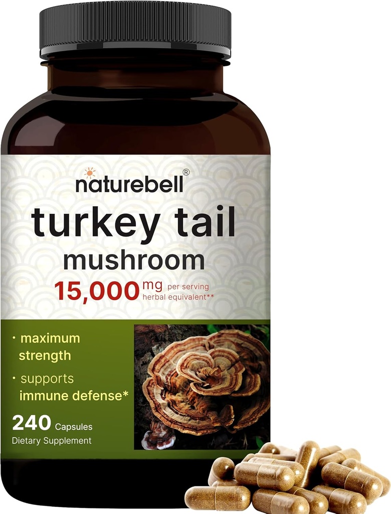 NatureBell טורקיה Tail Mushroom קפסולות 15,000 מ"ג פריר, 240 הרוזן | 25:1 פרי הגוף & Mycelium Extraction - Immune & Brain Health Mushrooms