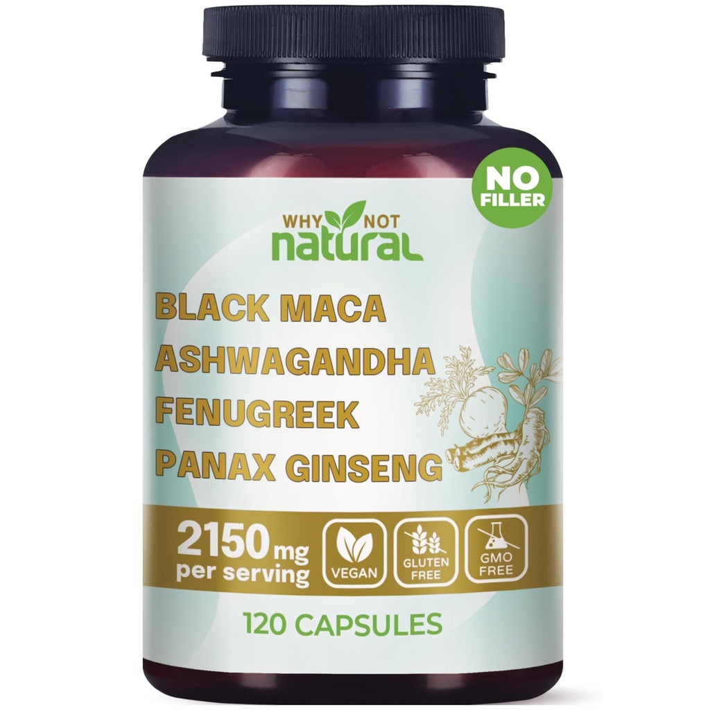 למה לא טבעי 4in-1 אורגני שורש Maca, Ashwagandha, Fenugreek, Panax גינזנג קפסולות, תוספת לגברים ונשים