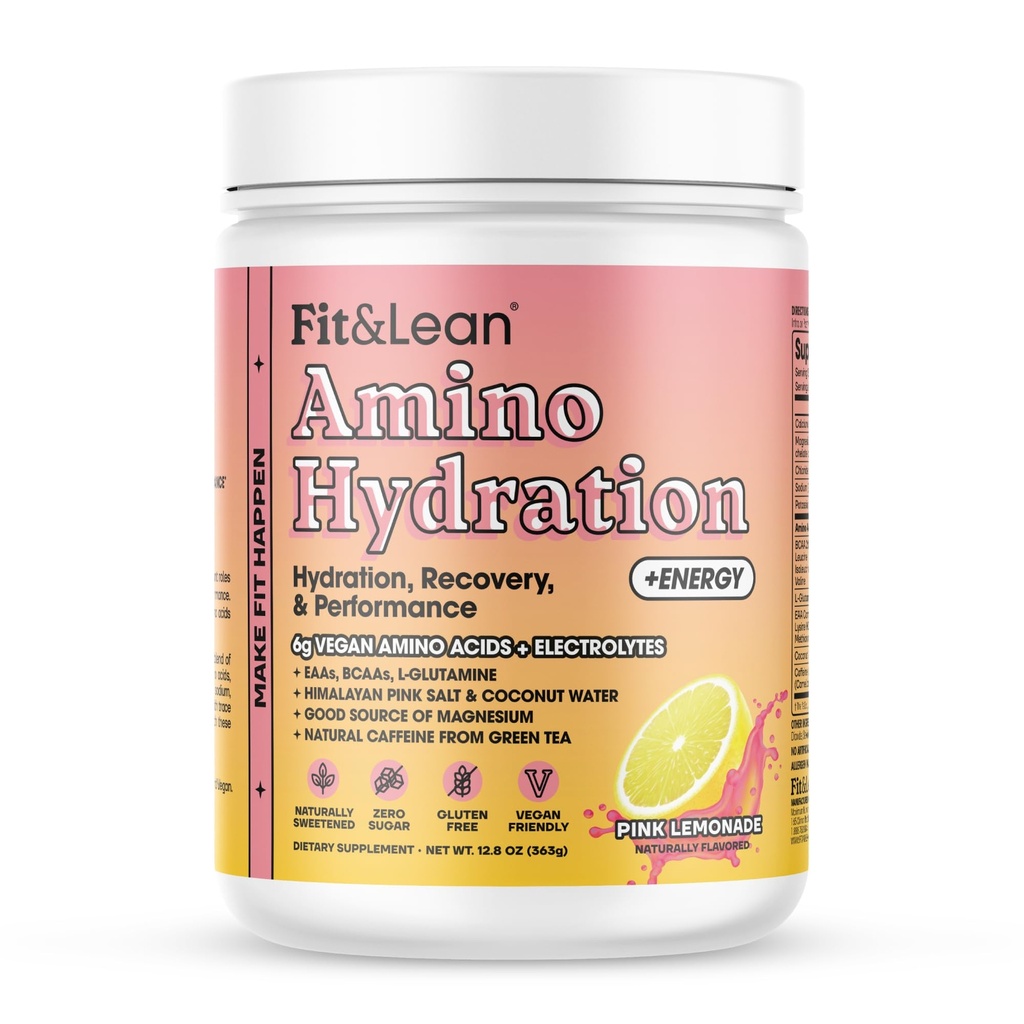 Fit & Lean Amino hydrotion Plus אנרגיה, אבקת טרום עבודה, 6g טבעוני Essemtial Amino Acids, EAA, BCAA, Glutamine, אלקטרוליטים & Natural Caffeine, Pink Lemonade, 30 משרתים