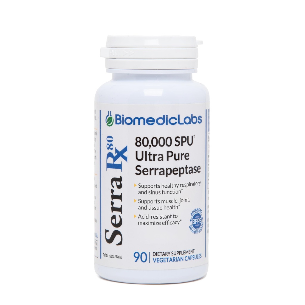 Serra-RX 80,000 SPU Serrapeptase - Acid-Resistant Proteolytic Systemic Enzyme, Non-GMO, Gluten Free, טבעוני, תומך Sinus & Lung Health, 90 ואג כמוסות