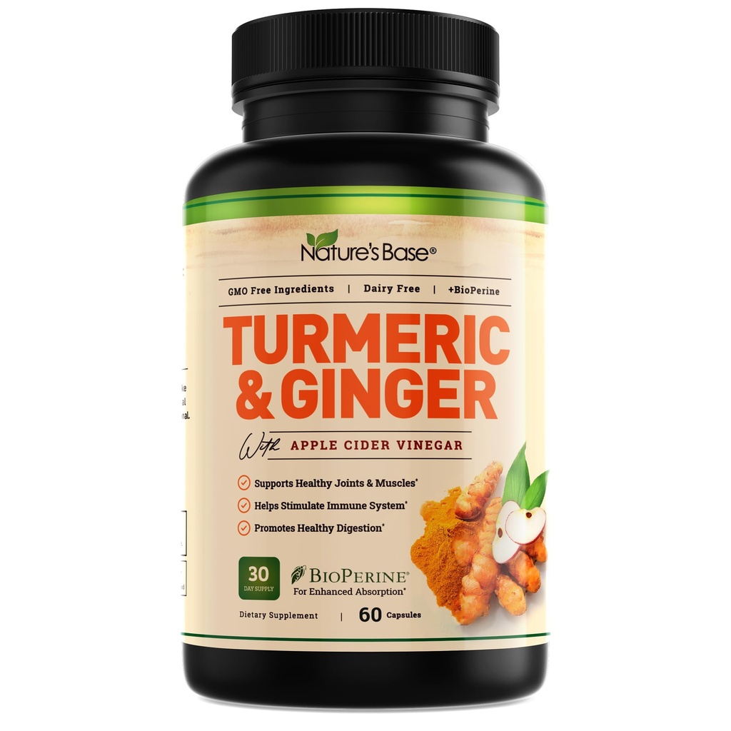 הבסיס של הטבע Turmeric וג'ינג'ר - עם Curcumin, Apple Cider Vinegar & BioPerine Black Pepper Extract - 95% Curcuminoids - 60 קפסולות