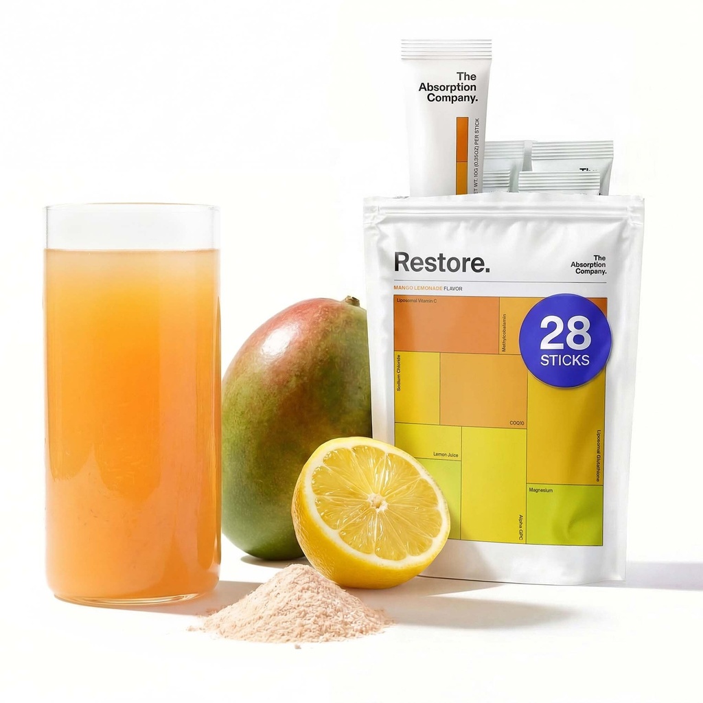 The Absorption Company Electrolyte אבקת Packets - Workout Recovery & Hydration Drink with Liposomal Glutathione, ויטמין C & Methylated B ויטמינים - מנגו Lemonade (28 מקלות)