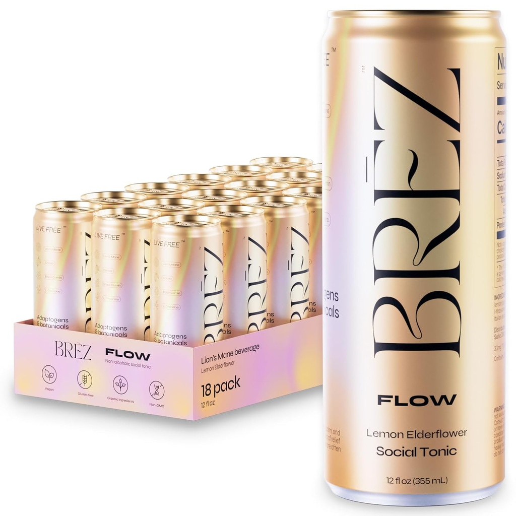 המשקה של BREZ FLOW Lion's Mane Mushroom, 18-Pack, Non-Infused, Fitogens, Relieving, Uplifting, and Social, Sparkling Lemon Elderflower Tonic 12 Fl oz