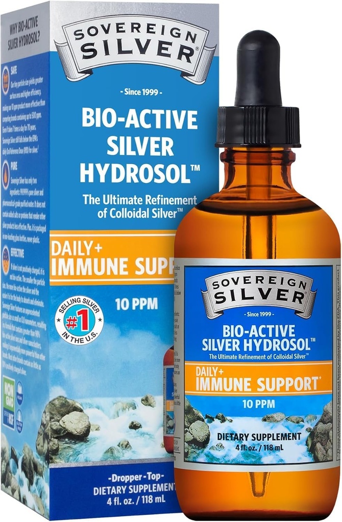 ריבונית Silver Immune Support - Colloidal Silver, Bio-Active Silver Hydrosol, 10 ppm, Liquid Dropper, 4 Fl Oz, Meadow mL)