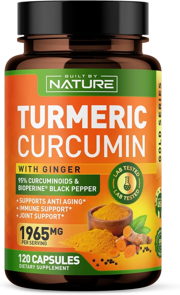 Turmeric Curcumin 1965 מ"ג עם ג'ינג'ר & BioPerine Black Pepper - High Absorption 95% Curcuminoids עבור תמיכה משותפת ואנטי-חמצן - non-GMO, Gluten-Free, טבעוני - 120 קפסולות צמחיות