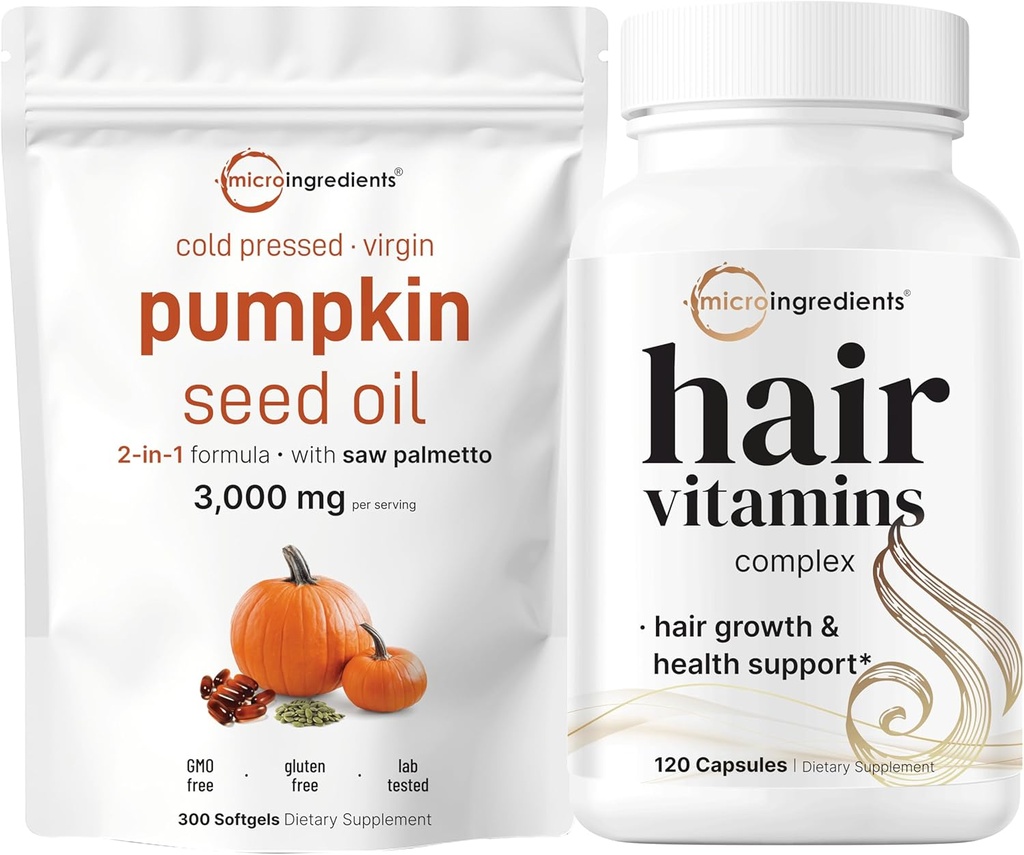Micro Ingredients Pumpkin Seed שמן עם Saw Palmetto 3,000 מ"ג Softgels & Hair ויטמינים מורכבים קפסולות מורכבות | 2 Pack Bundle | Cold Pressed Virgin Oil | 14-in-1 תמיכה בצמיחה שיער עם Collagen & Biotin