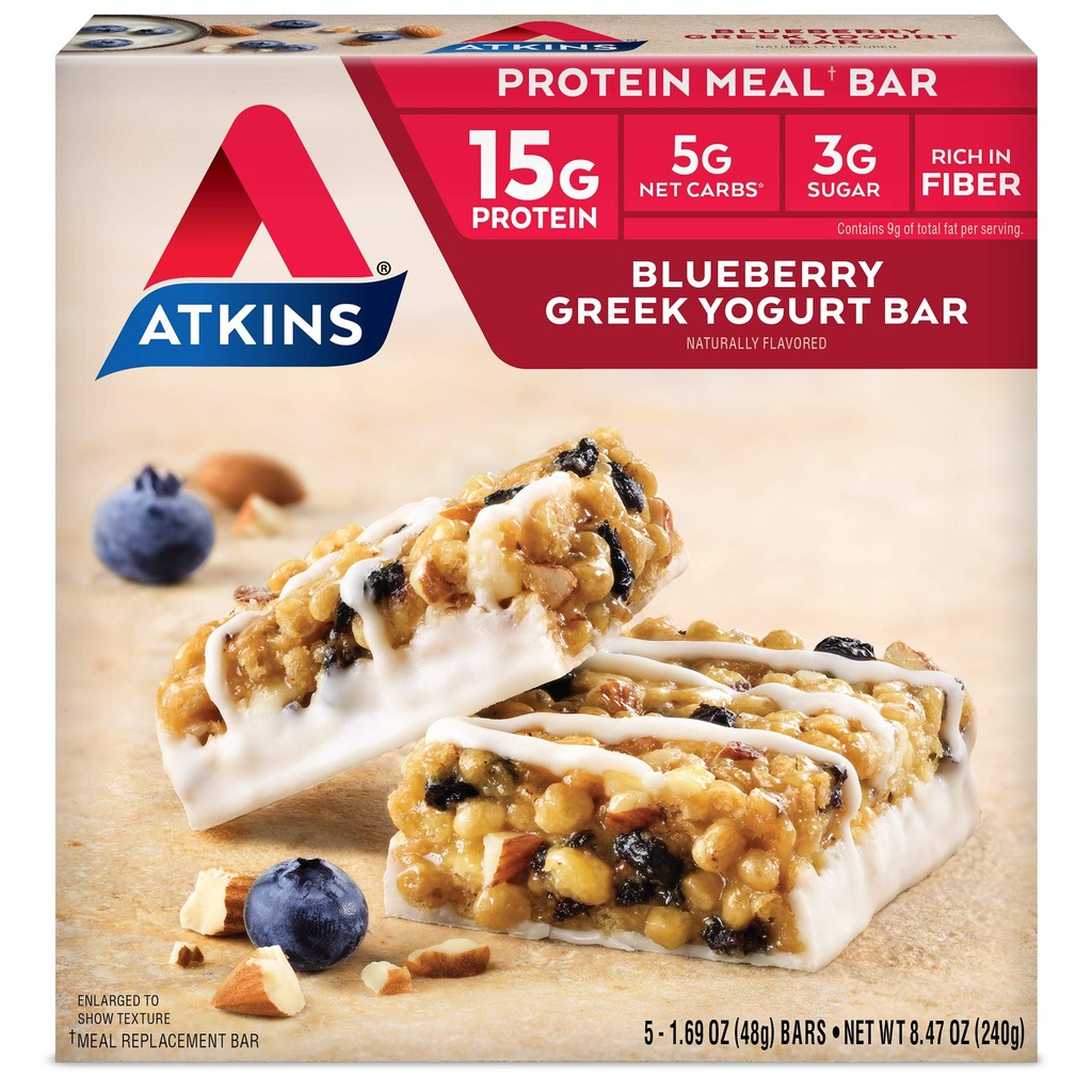 Atkins Blueberry יווני Yogurt חלבון Meal Bar, סיבים גבוהים, 15g חלבון, 3g סוכר, 5g Net Carbs, Meal Switch, Keto Friendly, 5 Count