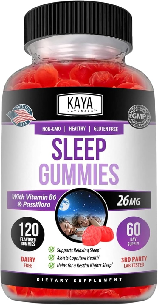 Kaya Naturals Sleep Gummies (26 מ"ג) - תוספי בריאות ו- Sleep Aid for Adults - ויטמין B6 ו- Melatonin Gummies - חניכיים לנשים וגברים - 120 ספירה