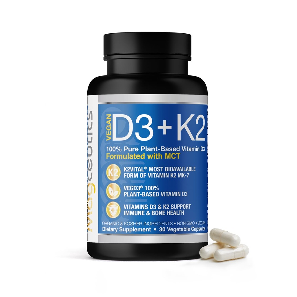 ויטמין D3 K2 עם MCT, 5000 IU טבעוני D3 & 100 mcg MK7 K2, תומך עצמות חזקות ובריאות החיסון - 30 קפסולות (30 ימים אספקה)