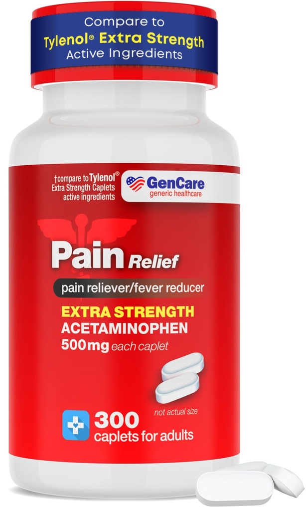 GenCare - Acetaminophen 500 מ"ג תוספת כאב הקלה (300 קפסולות) - Multi Symptom Pain Reliever for Headache, Sinus, Arthritis, Back Pain ache, Toothache, Migraine